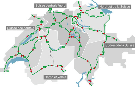 Le réseau des routes nationales suisses est divisé en 5 secteurs géographiques