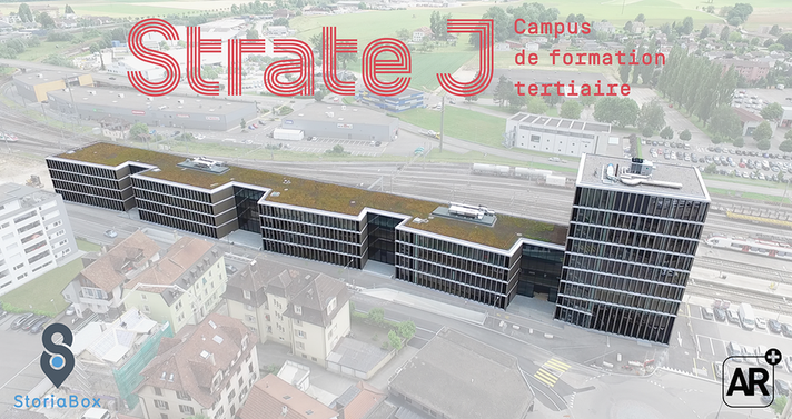 Strate J - vue aérienne du campus dans le quartier de la gare de Delémont - Lien vers le téléchargement de l'application