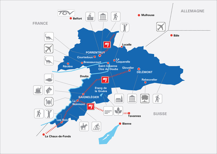 Carte des principaux centres d'intérêt touristique du Jura
