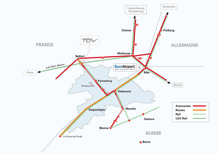 Carte des liaisons entre le Canton du Jura et la gare TGV