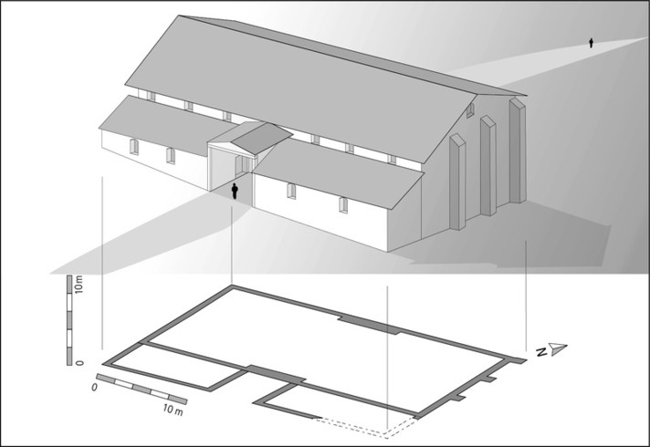Alle - Les Aiges: reconstitution du bâtiment utilisé comme grenier entre 200 et 275 après Jésus-Christ.