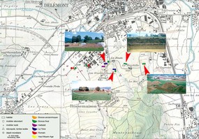 Localisation des sites protohistoriques à Delémont. De gauche à droite: La Deute, Prés de La Communance, La Beuchille et Le Tayment.