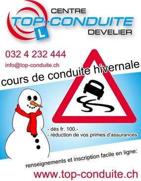 Affiche du cours de conduite hivernale au centre top conduite à Develier - Lien vers le site Internet de Top-conduite à Develier