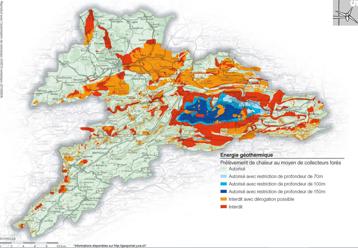 Carte d’admissibilité des sondes géothermiques verticales dans le canton du Jura