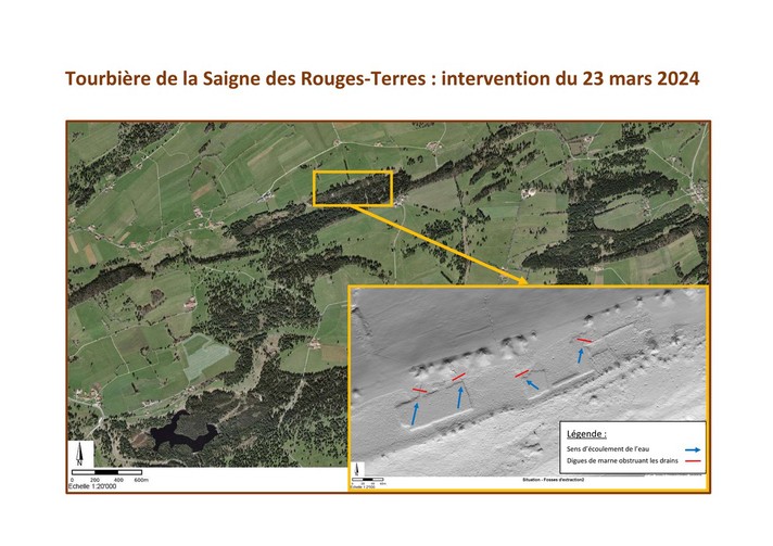 Illustration de la localisation des interventions sur le haut-marais de la Saigne des Rouges-Terres.