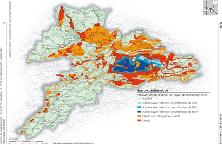 Carte d’admissibilité des sondes géothermiques verticales dans le canton du Jura
