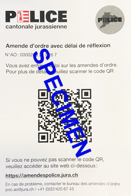 Specimen - Amende d'ordre sous forme de QR-code