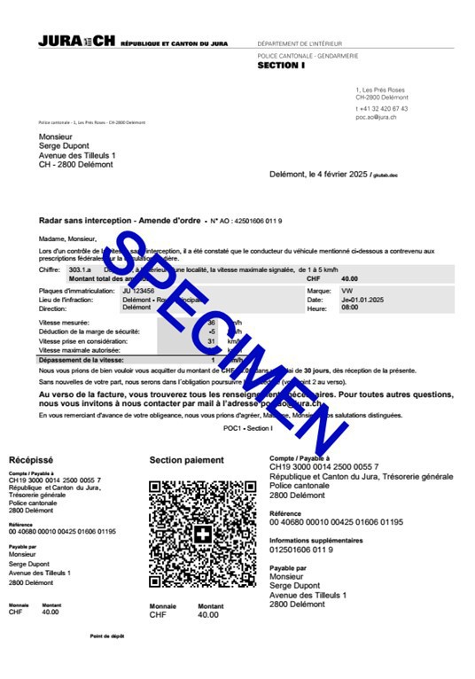 Specimen - Amende d'ordre pour une infraction de vitesse