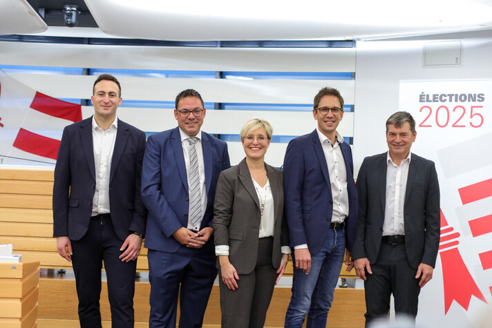 Photo du nouveau Gouvernement jurassien élu pour la législature 2026-2030.