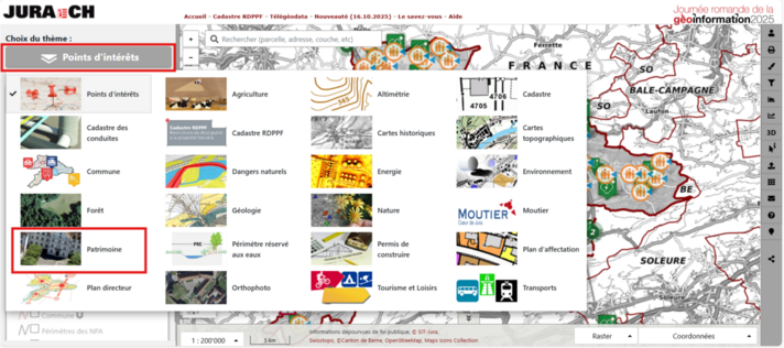 Choix du thème "Patrimoine" sur le géoportail jurassien