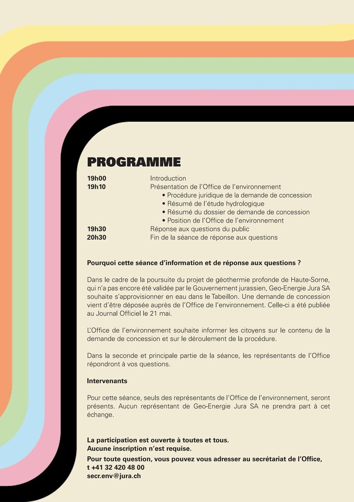 Programme de la séance publique consacrée à la demande de concession pour le prélèvement d’eau dans le ruisseau du Tabeillon.
