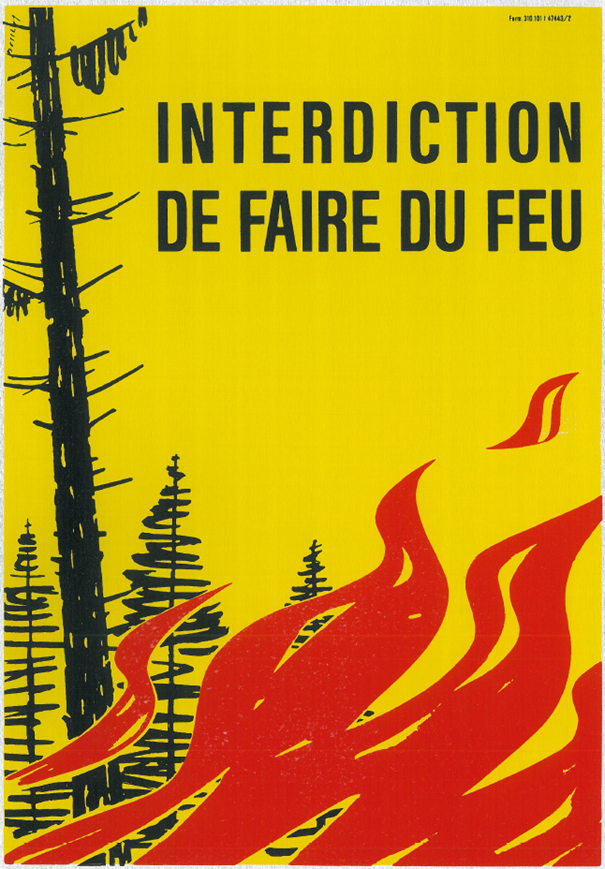 Une affiche montrant une forêt avec des flammes avec le titre "Interdiction de faire du feu". 
