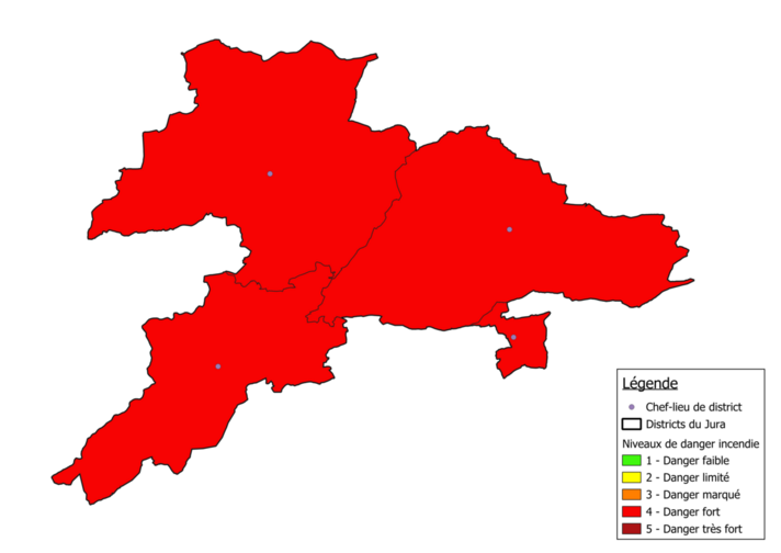 Carte en rouge du canton du Jura, signifiant un danger fort d'incendie.