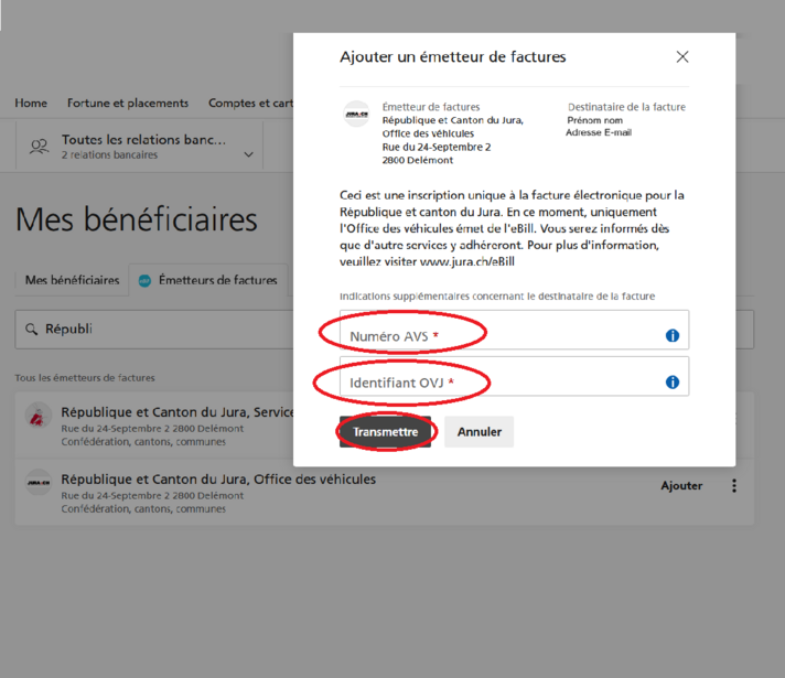 Exemple de formulaire de l'OVJ pour l'eBill. Il faut entrer son numéro AVS et son identifiant OVJ. 