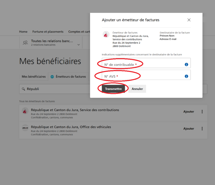 Exemple d'inscription pour le Service des contributions. Il faut son numéro de contribuable et son numéro AVS.