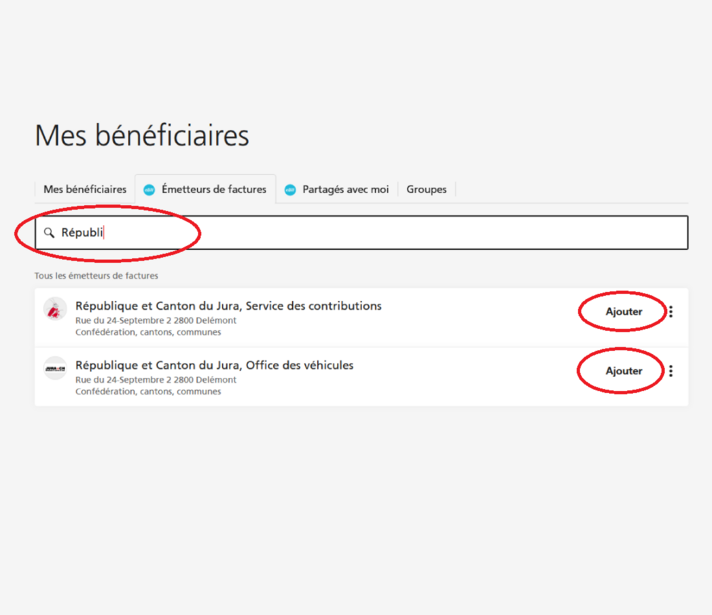 Inscription eBill - exemple d'une recherche de la République et Canton du Jura. 