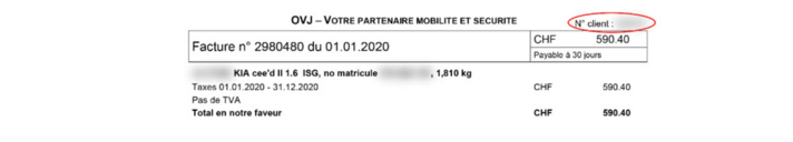 L'identifiant OVJ est un numéro à six chiffres. Il se trouve sur les factures et en haut du permis de circulation.