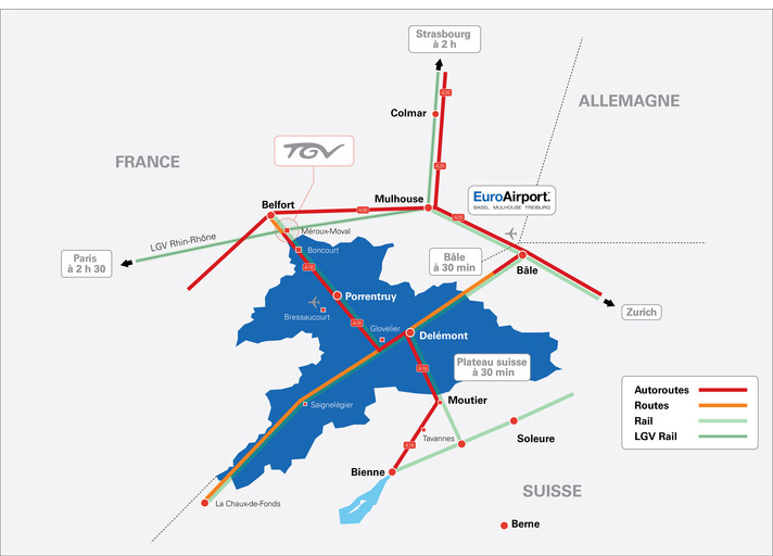 Carte du Jura - Voies de communication avec le réseau européen