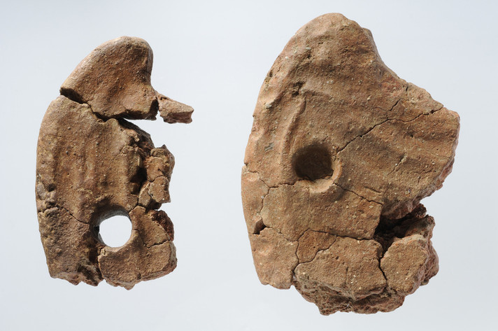 Delémont-En la Pran. Fragments de deux "croissants d'argile" en terre cuite de la fin de l'âge du Bronze. Photo B. Migy