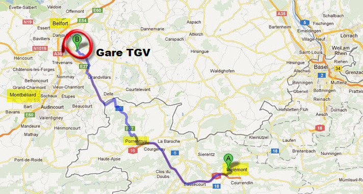 Carte du trajet par la route vers la gare TGV de Belfort-Montbéliard