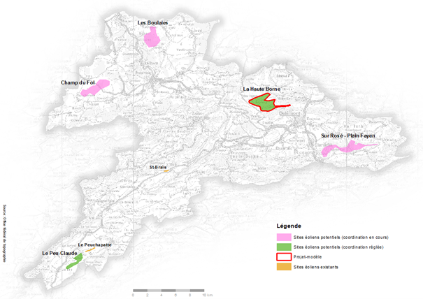 Carte de la fiche En.02 « Energie éolienne » du plan directeur cantonal