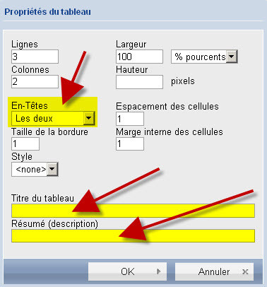 Capture d'écran avec descriptif des champs à remplir pour rendre un tableau accessible