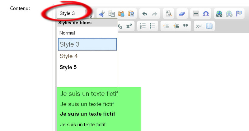 Capture d'écran avec explicatif sur l'utilisation des styles dans l'éditeur de texte