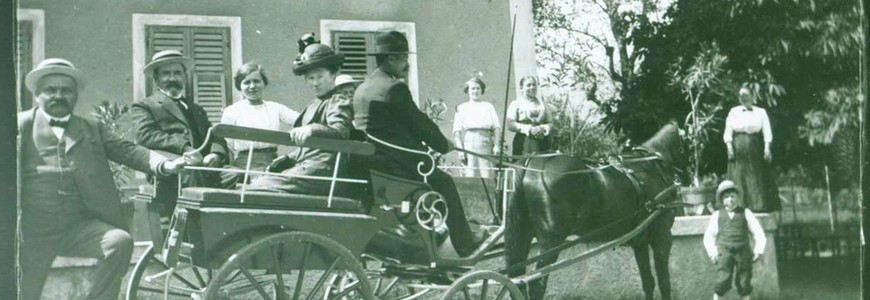 Cheval attelé à une voiture avec Stéphanie Cattin et son père Emile Willemin, 1898? (137 J 2641)
